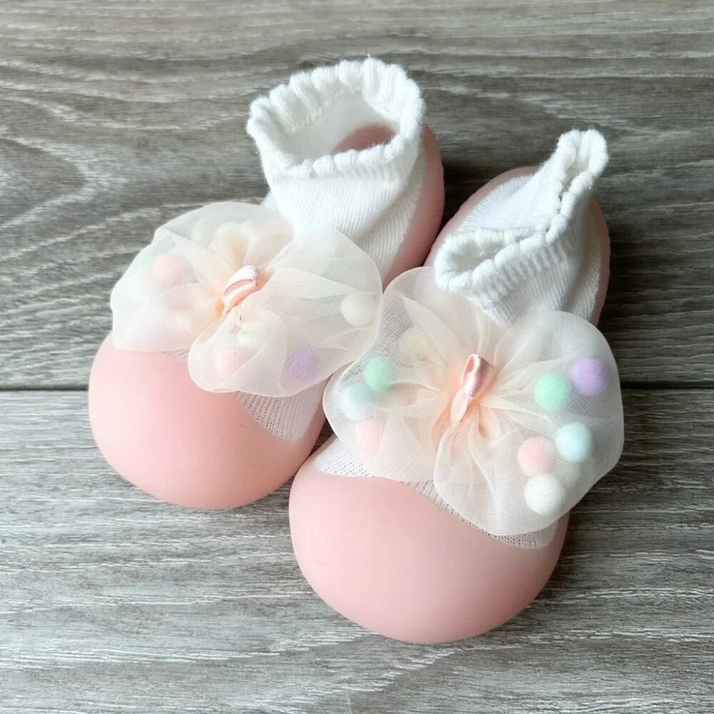 Big Toes Pink Bows NonSlip Baby Shoe Socks Made in Korea